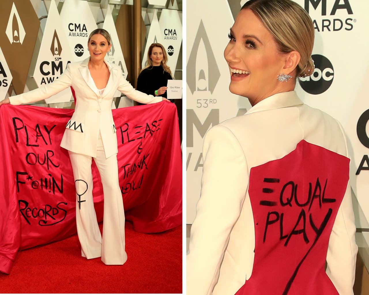 Con el fin de levantar la voz para que más mujeres sean representadas y reproducidas por igual en la radio country y en listas de reproducción country, la cantante Jennifer Nettles durante la alfombra roja de los CMA´s Awards 2019; en el traje de su capa se leía, "Reproduzcan nuestros malditos discos; por favor y gracias".