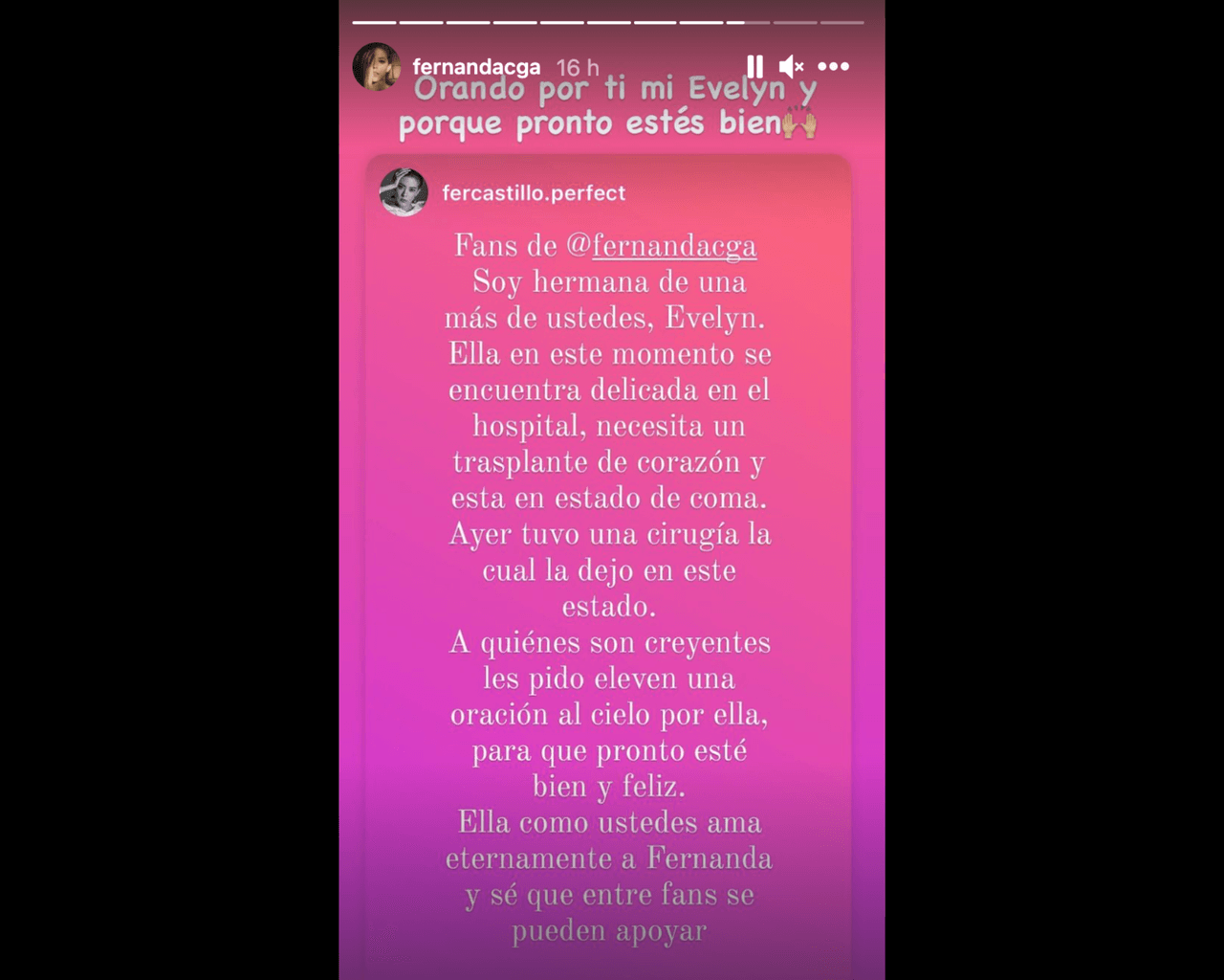 Fernanda Castillo en oración por la salud de una fan