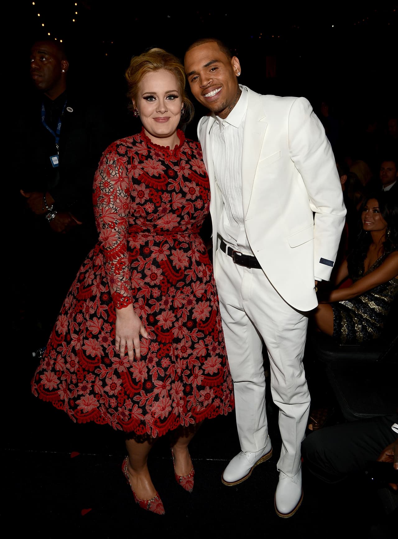 LOS ANGELES, CA - FEBRUARY 10: Musician Adele (L) and singer Chris Brown attend the 55th Annual GRAMMY Awards at STAPLES Center on February 10, 2013 in Los Angeles, California. (Photo by Larry Busacca/WireImage)