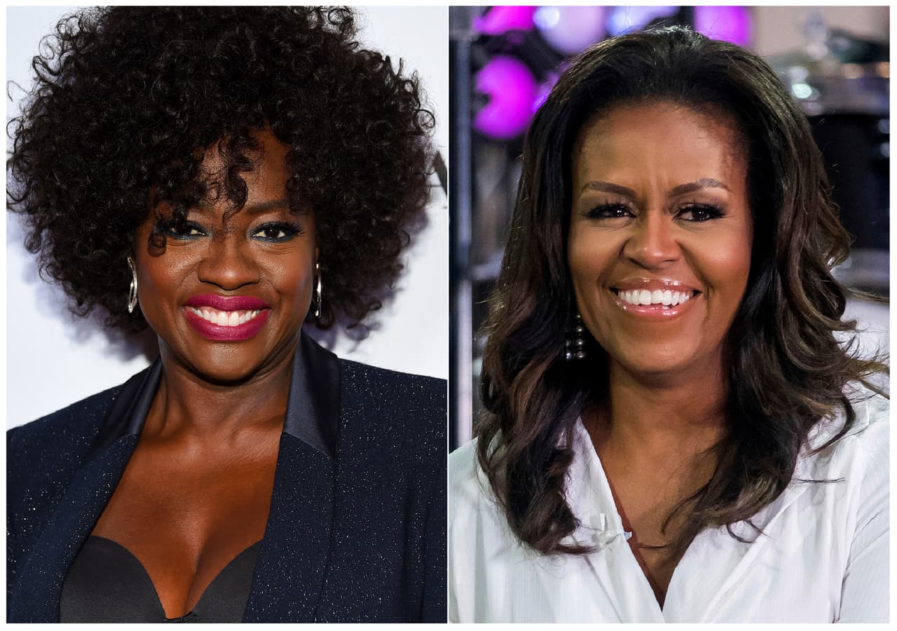 This combination photo shows actress Viola Davis at the Glamour Women of the Year Awards in New York on Nov. 12, 2018, left, and former first lady Michelle Obama on NBC's "Today" show in New York on Oct. 11, 2018. Davis is set to portray Obama in a Showtime series about America's first ladies. Davis also is an executive producer on the project, which is still in development. (Photos by Evan Agostini, left, and Charles Sykes/Invision/AP)