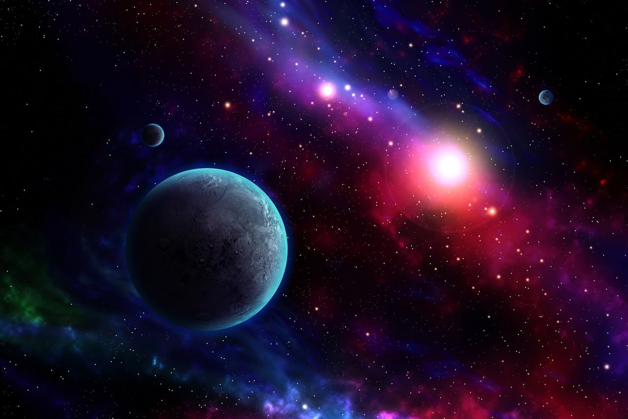 High resolution poster size 3D rendered galaxy space scene with planets. Used Cinema4D and Adobe Photoshop for generating planet and star field. Used for free or commercial usage texture from Solar System Scope site. Link is : https://www.solarsystemscope.com/textures/download/2k_haumea_fictional.jpg
