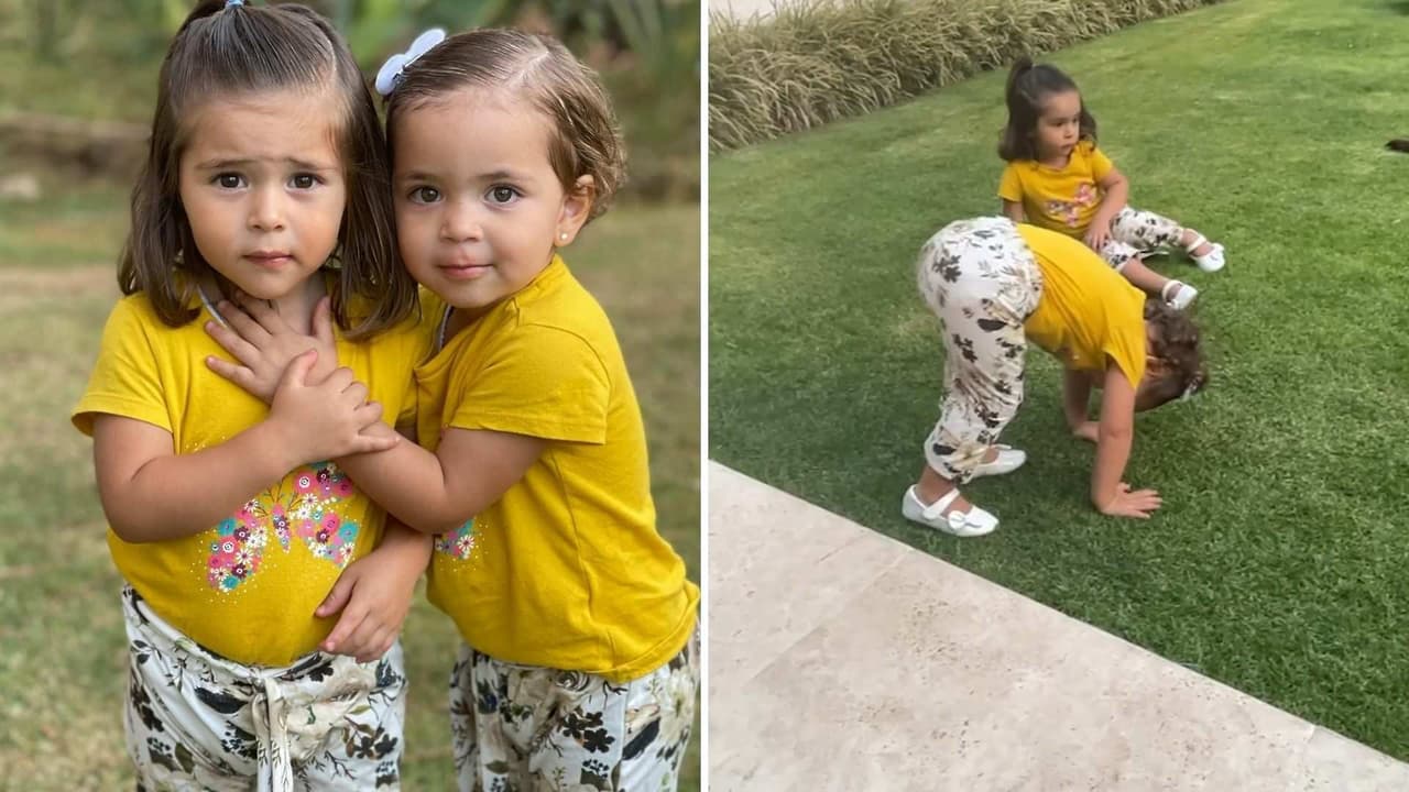 Paula y Emilia, mellizas de Jacky Bracamontes enternecen al competir con sus hermanas con vueltas de carro