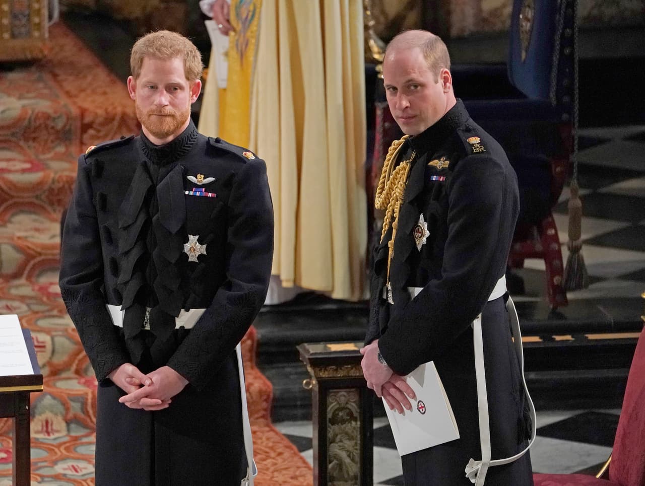 WINDSOR, ENGLAND - MAY 19: Prince Harry with his Best Man, the Duke of Cambridge wait for the start of his wedding ceremony to Meghan Markle at St George's Chapel on May 19, 2018 in Windsor, England. (Photo by Owen Humphreys - WPA Pool/Getty Images)