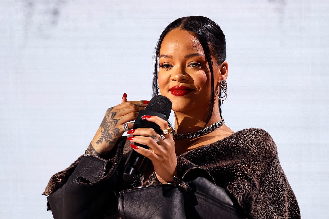 PHOENIX, ARIZONA - FEBRUARY 09: Rihanna speaks during the Super Bowl LVII Pregame & Apple Music Halftime Show press conference at Phoenix Convention Center on February 09, 2023 in Phoenix, Arizona. (Photo by Mike Lawrie/Getty Images)