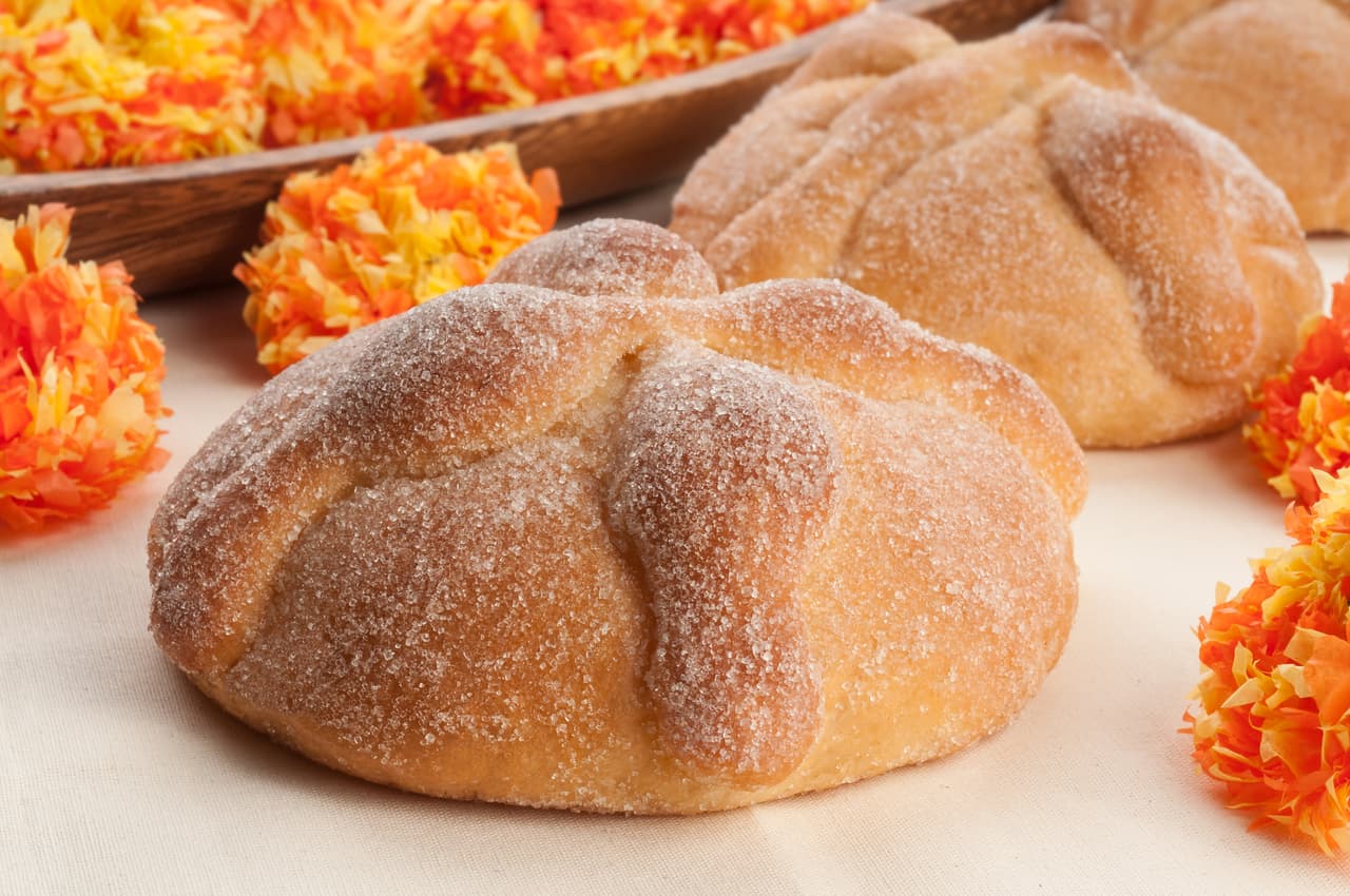 Sweet bread called Bread of the Dead (Pan de Muerto) enjoyed during Day of the Dead festivities in Mexico.