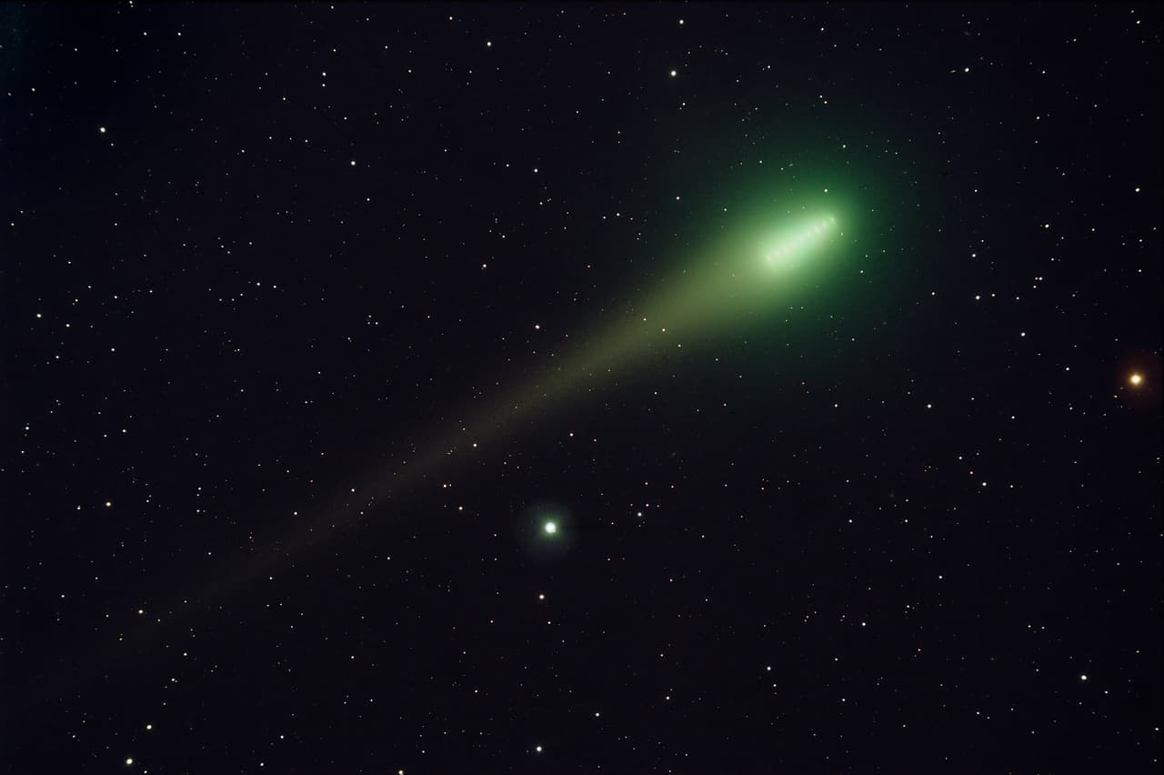 This is a time-lapse image of Comet Lulin at it's closest approach to the earth on February 24, 2009. There are a total of 10 images stacked upon each other. Each image exposure was 5 minutes. If you examine the image closely, you will see 10 "comet heads" which reflects how much the comet traveled over the 50 minute time span.