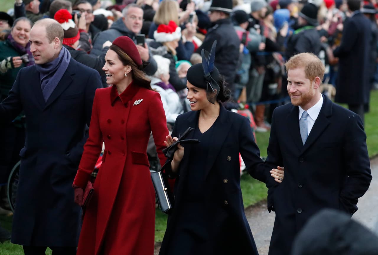 Britain's Prince William, left, Kate, Duchess of Cambridge, second left, Meghan Duchess of Sussex and Prince Harry, right, arrive to attend the Christmas day service at St Mary Magdalene Church in Sandringham in Norfolk, England, Tuesday, Dec. 25, 2018. (AP PhotoFrank Augstein)