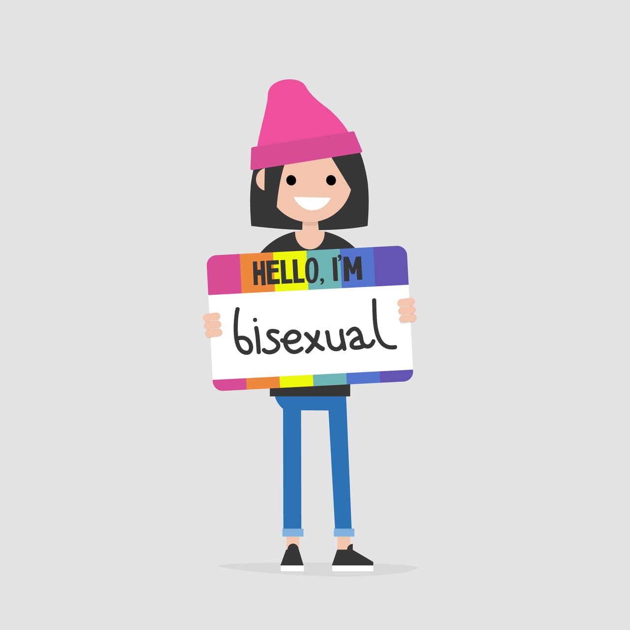 Hello, I'm bisexual. Open homosexuality. Coming out. Young female character introducing herself as a part of LGBT community. Flat editable vector illustration, clip art
