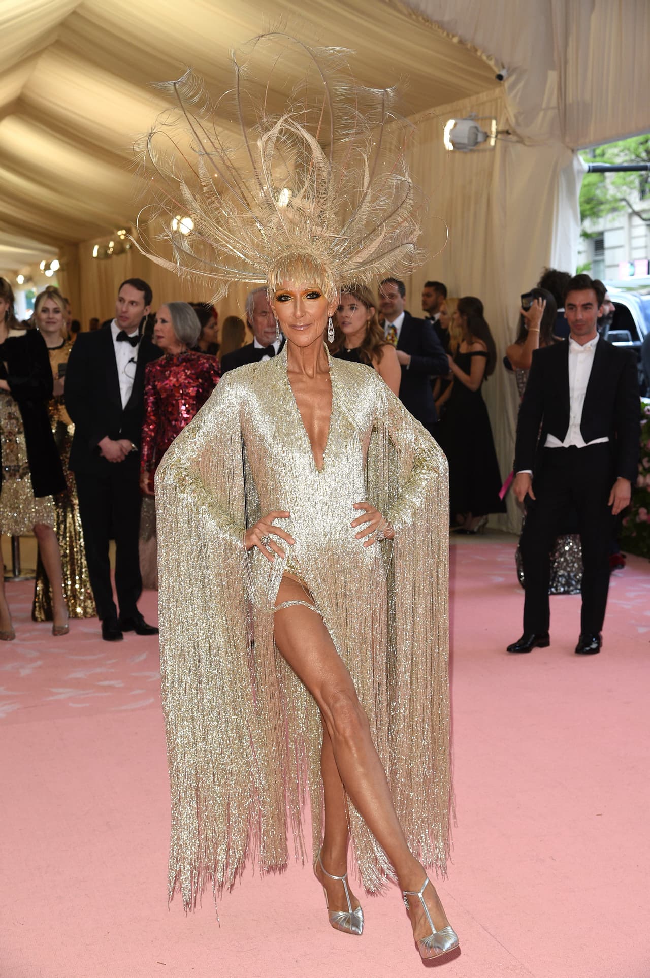 Céline Dion usó un bodysuit brillante con flecos y una corona de plumas a su paso por la alfombra rosa