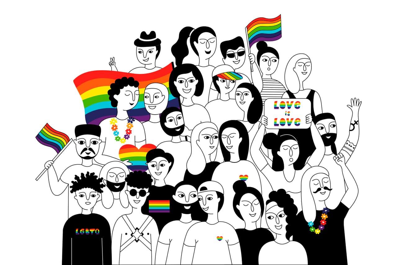Pride parade. A group of people participating in a Pride parade. LGBT community. LGBTQ. Doodle vector illustration