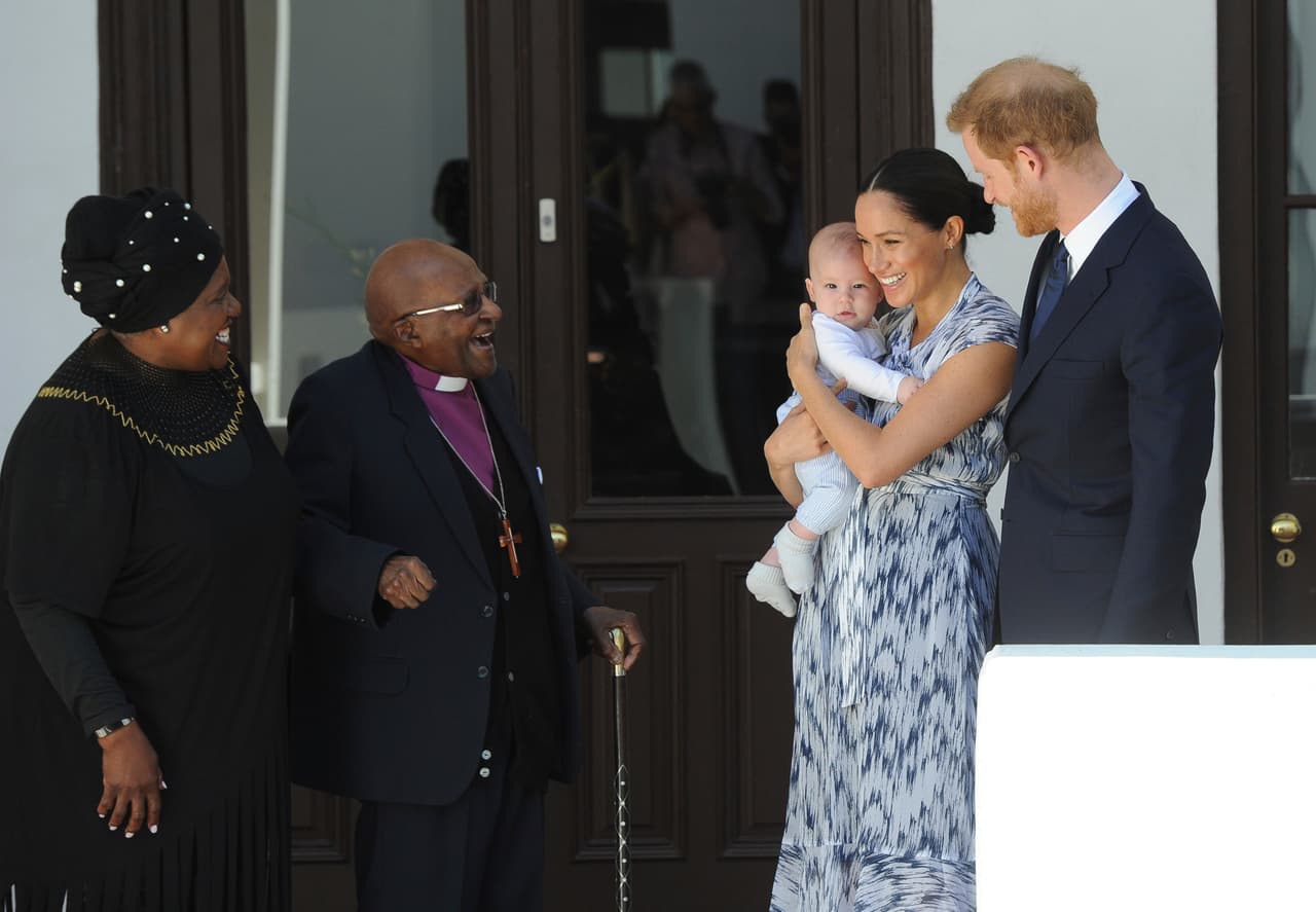Britain's Prince Harry and Meghan, Duchess of Sussex, holding their son Archie, meet Anglican Archbishop Emeritus, Desmond Tutu and his wife Leah in Cape Town, South Africa,Wednesday, Sept. 25, 2019. The royal couple are on the third day of their African tour. (Henk Kruger/African News Agency via AP, Pool)