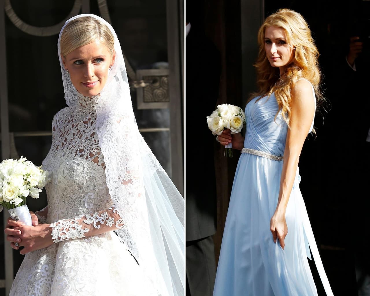 Paris Hilton lució un vestido azul celeste bastante conservador cuando para la boda de su hermana menor, Nicki Hilton, fue invitada especial como dama de honor.