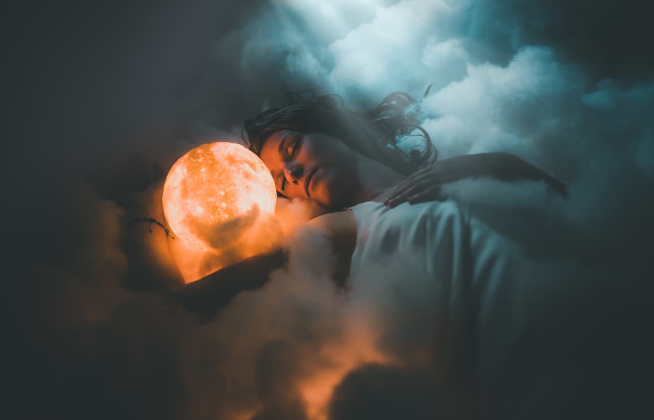 Young beautiful woman sleeping peaceful on cloud.