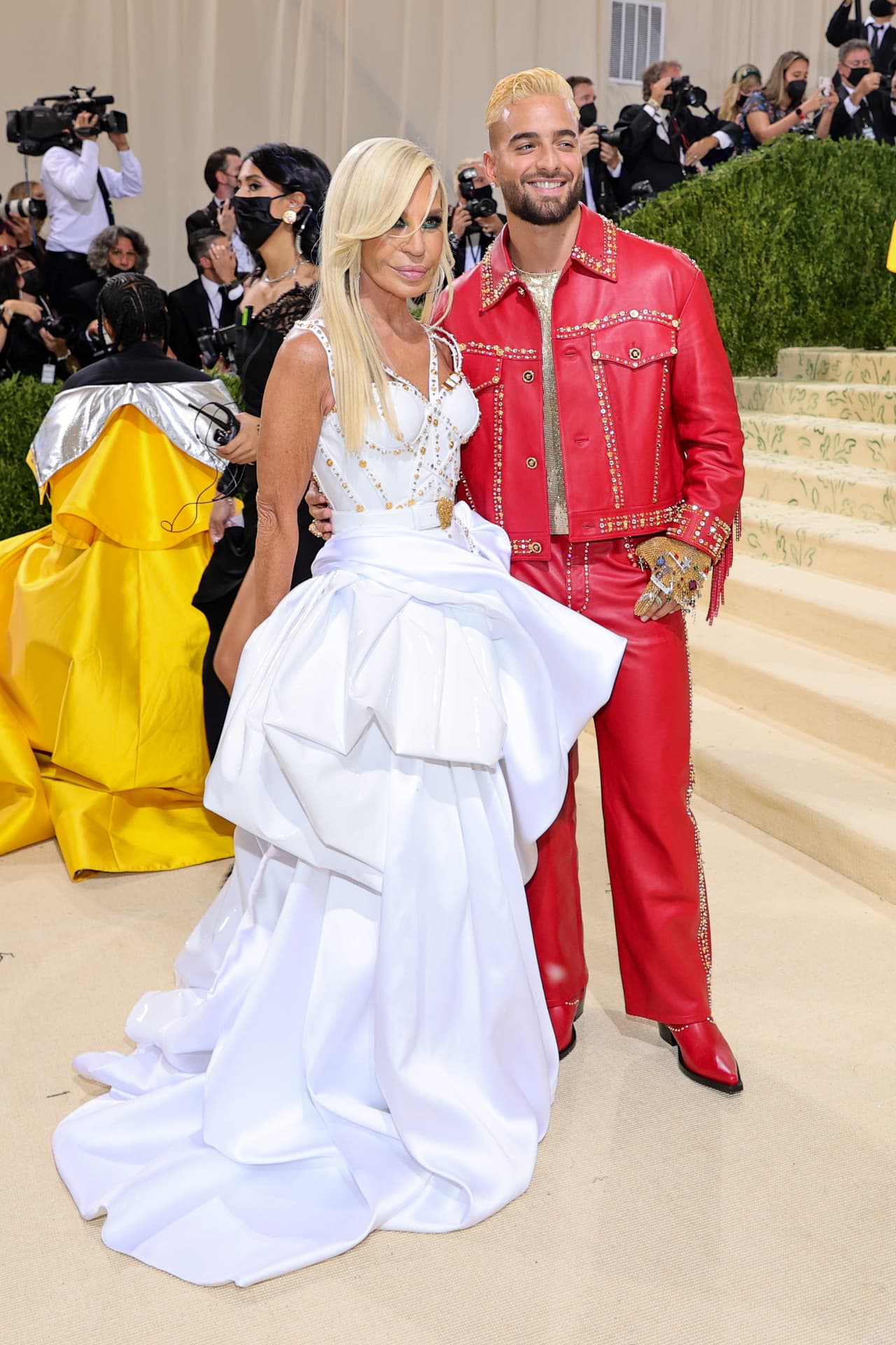 NEW YORK, NEW YORK - SEPTEMBER 13: Donatella Versace and Maluma attend The 2021 Met Gala Celebrating In America: A Lexicon Of Fashion at Metropolitan Museum of Art on September 13, 2021 in New York City. (Photo by Theo Wargo/Getty Images)