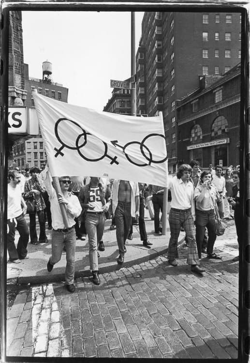 27 de julio de 1969, Nueva York, Fotografía de Fred. McDarrah. Esta foto muestra un momento que marcó un momento histórico, pues luego de los disturbios de Stonewall, un grupo de 200 personas decidieron juntarse para marchar. Esta sería la primera manifestación masiva de apoyo a los derechos de los homosexuales. 
<br>