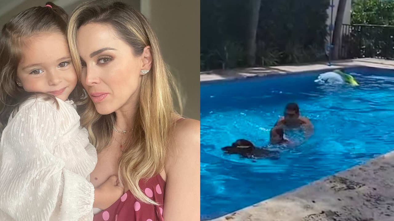 Emi, hija de Jacky Bracamontes, llena de ternura las redes al nadar con la ayuda de su perrita