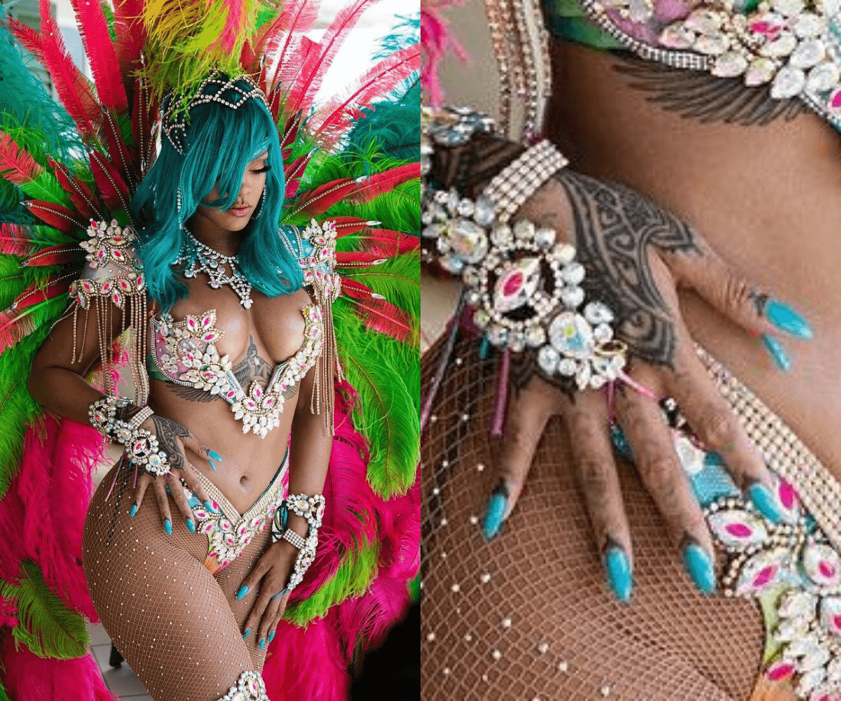¿Error de edición? Rihanna subió esta fotografía en la que se luce un atuendo de carnaval. En su mano derecha se ven sus largas uñas postizas pero lo que llama la atención es que se le ven 6 dedos. Ante los comentarios que originó, sus fieles seguidores aclararon que esa uña “extra”, es una de las aplicaciones de su vestuario.