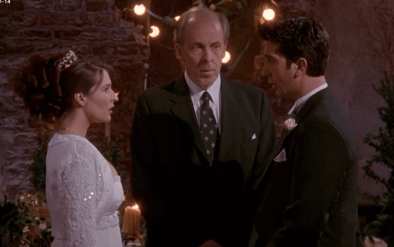 Aunque poco a poco logran reconciliarse, cuando él se compromete con Emily, Rachel está dispuesta a impedir el matrimonio y viaja hasta Londres con esta intención, pero finalmente solamente decide desearle lo mejor. Confundido por el encuentro, Ross dice accidentalmente el nombre de Rachel en el altar, causando el enojo de Emily.