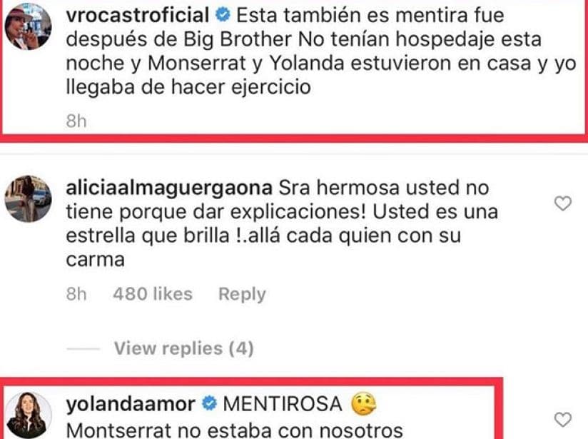 Más tarde, subió imágenes a su cuenta de Instagram, explicando aquellas supuestas fotografías en las que aparecía junto a Yolanda Andrade, tomando el sol. La intérprete de “Mala noche”, aseguró que era imágenes viejas y que simplemente le había dado hospedaje tanto a Yolanda como a Montserrat Oliver. En la imagen, Yolanda contestó: “Mentirosa, Montserrat no estaba con nosotros”.