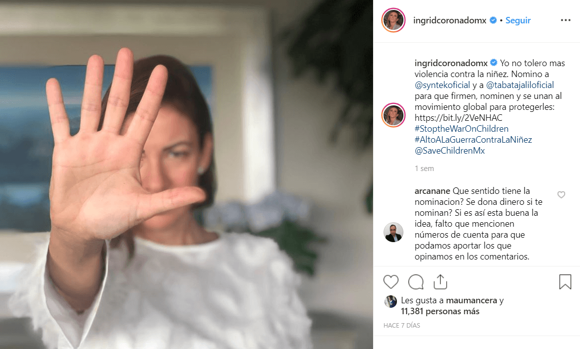 Este mes, la conductora Ingrid Coronado se convirtió en una de las embajadoras de la campaña invitado a compañeros artistas para que utilicen su fama y compartan el mensaje en contra de la violencia infantil.