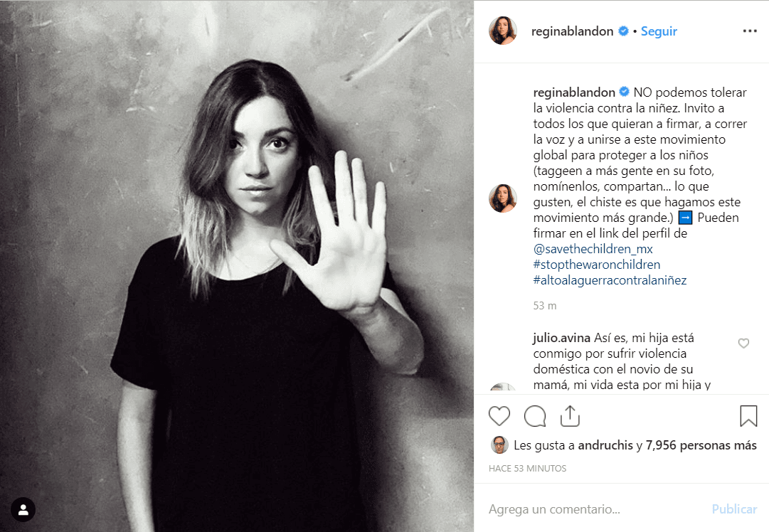 La conductora nominó a otros artistas como Aleks Syntek y Tabata Jali, para unirse a la campaña al mismo momento que subió una foto suya con la mano abierta hacia el frente y el texto: Yo no tolero más la violencia contra la niñez.