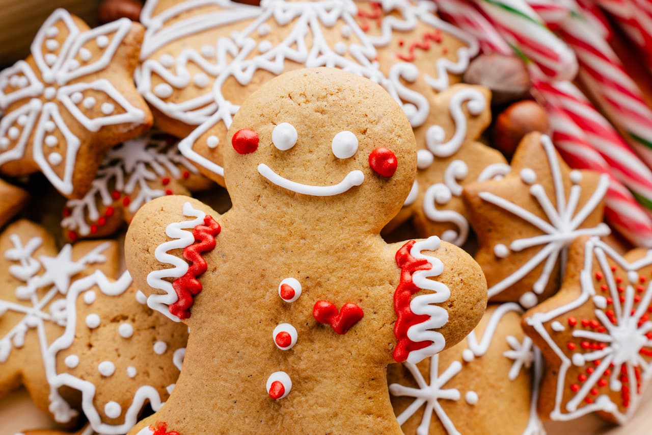 Christmas and New Year celebration traditions. Texture with homemade gingerbread cookies. Family home bakery, cooking festive sweets