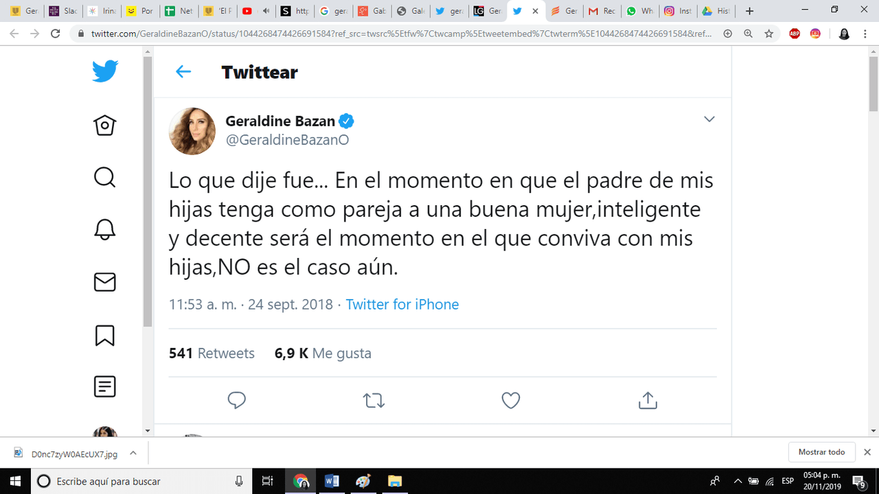 Entre otros de los comentarios que Geraldine ofreció al respecto, fue que sólo dejaría que sus hijas convivieran con una nueva pareja de su padre únicamente en el caso de que fuese “una mujer centrada, inteligente y decente”, pero que hasta que eso no pasara, ella no daría su permiso; “no es el caso aún”, reafirmó Bazán en su cuenta de Twitter.