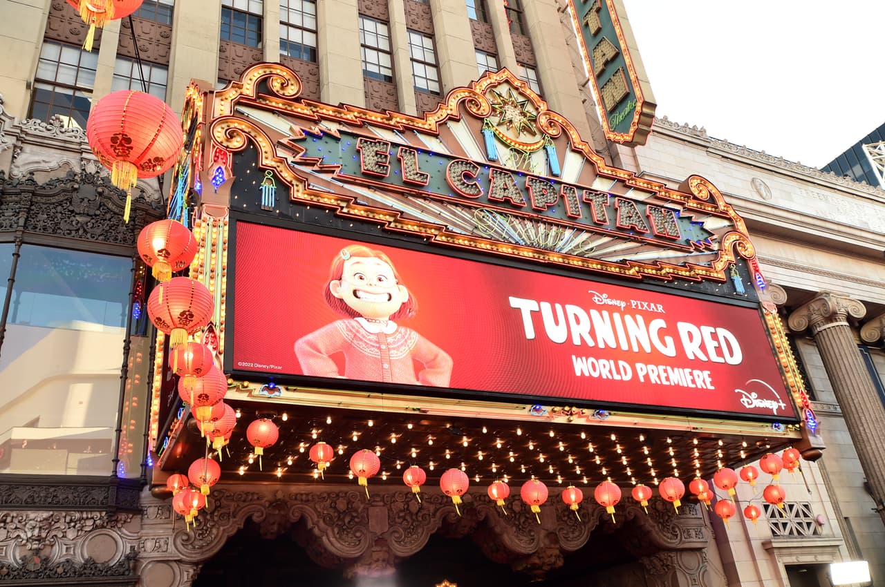 LOS ANGELES, CALIFORNIA - MARCH 01: The marquee is seen at the world premiere of Disney and Pixar's Turning Red at El Capitan Theatre in Hollywood, California on March 01, 2022 to celebrate the launch on Disney+ on March 11th. (Photo by Alberto E. Rodriguez/Getty Images for Disney)