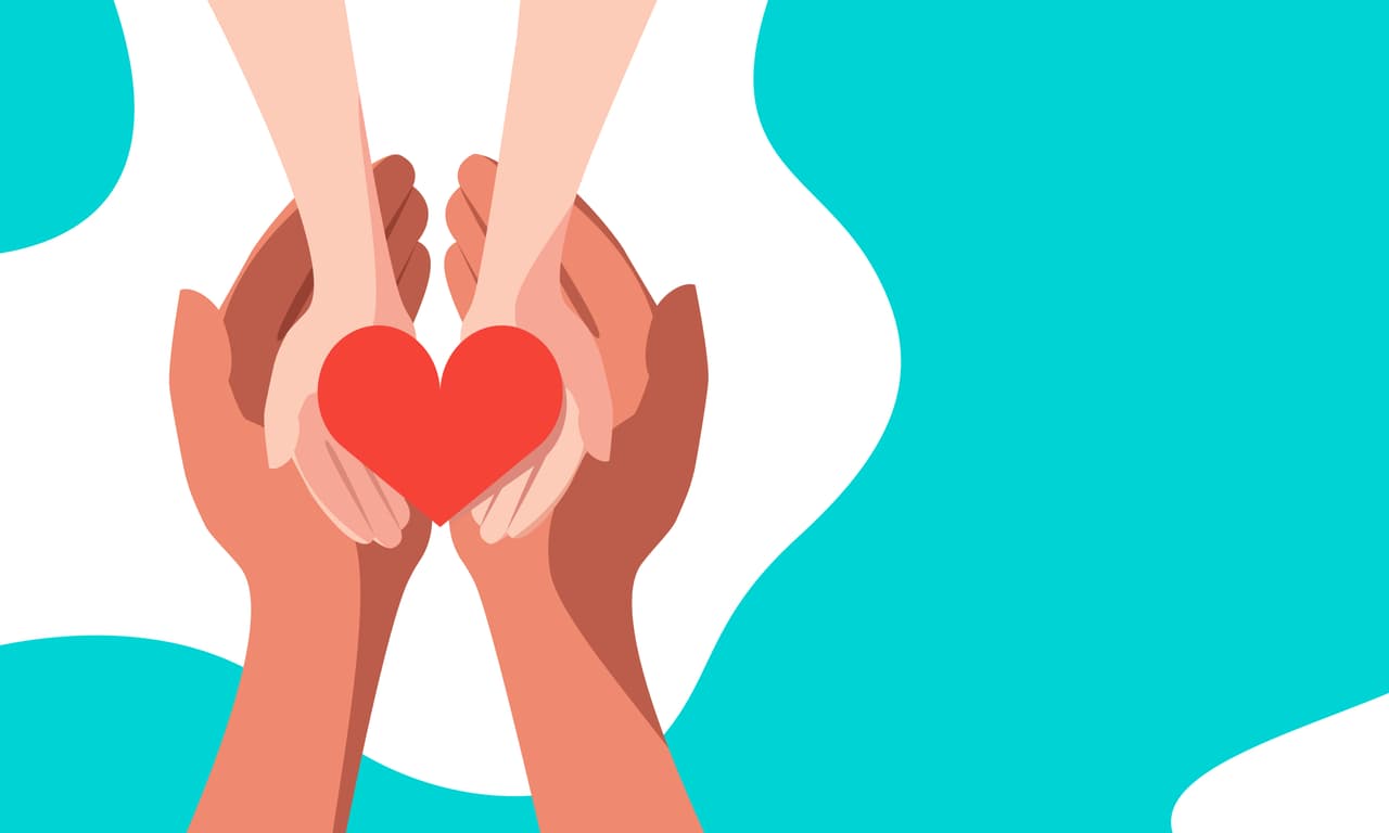 Red heart in the hands of man. A symbol of goodness, mercy, hope and love. Vector illustration in flat style.