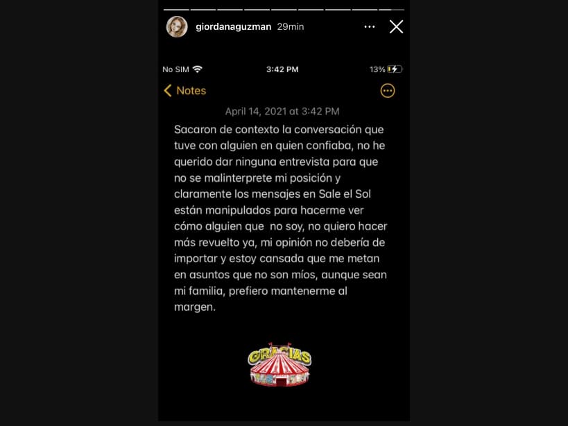 Giordana Guzmán aclara postura ante polémica con su prima Frida Sofía.