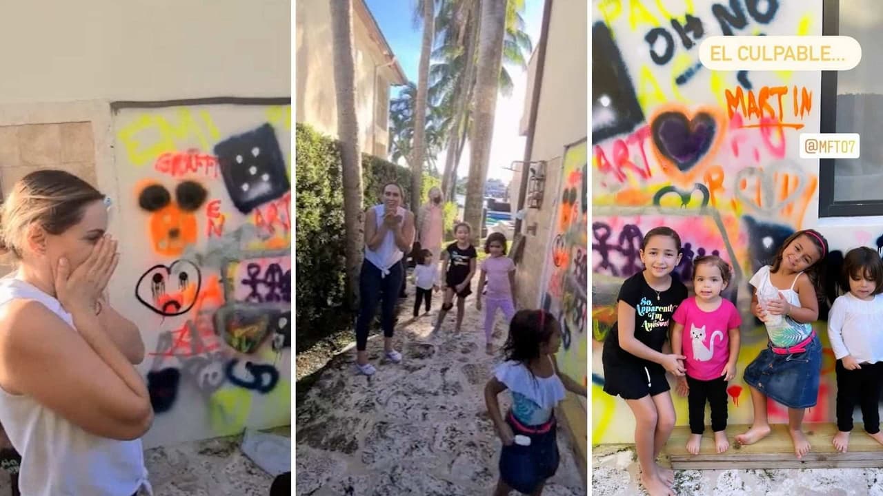 Jacky Bracamontes no sabe si llorar o reír, sus hijas la sorprenden al ‘grafitearle’ una pared de su casa