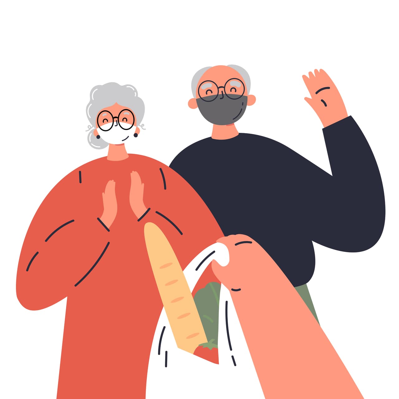 Coronavirus. Novel virus 2019-nCoV.Delivery of food to old couple in protective masks.Caring for people at risk.Concept of coronavirus quarantine vector illustration.Flat cartoon colorful character