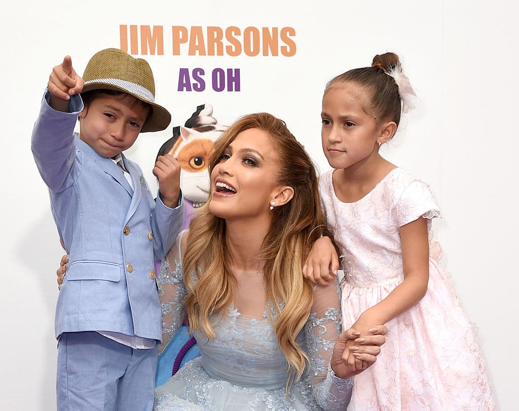 WESTWOOD, CA - MARCH 22: Jennifer Lopez (C) with daughter Emme (R) and son Max attend the premiere of Twentieth Century Fox And Dreamworks Animation's "HOME" at Regency Village Theatre on March 22, 2015 in Westwood, California. (Photo by Kevin Winter/Getty Images)