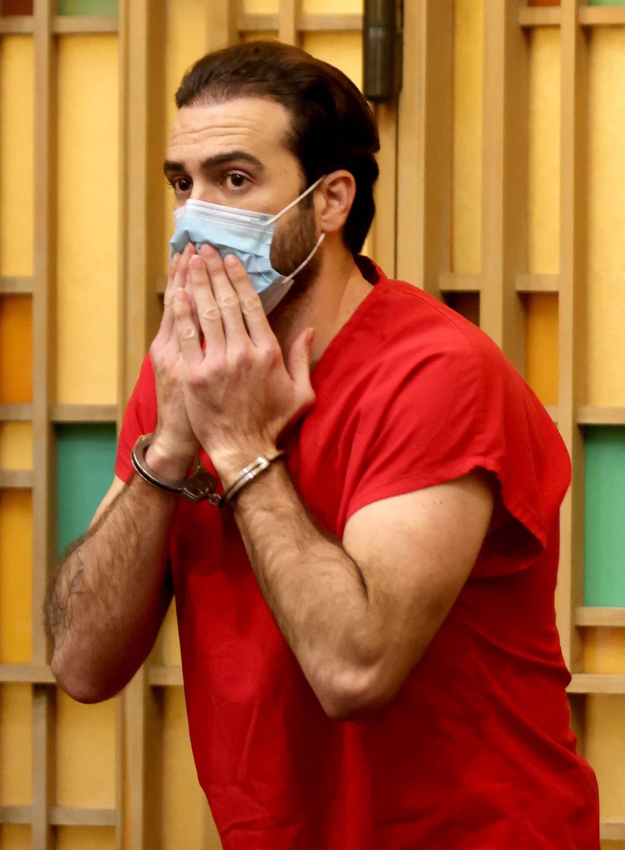 Pool Photo: Pablo Lyle, blows a kiss toward family members as they appeared in court. Judge Maria Tinkler Mendez ruled against a new trial for Mexican actor Pablo Lyle as he, his family, lawyers, and members of the media gathered in Courtroom 4-6 at the Richard E. Gerstein Justice Building in Miami, Florida on Monday, December 12, 2022.
