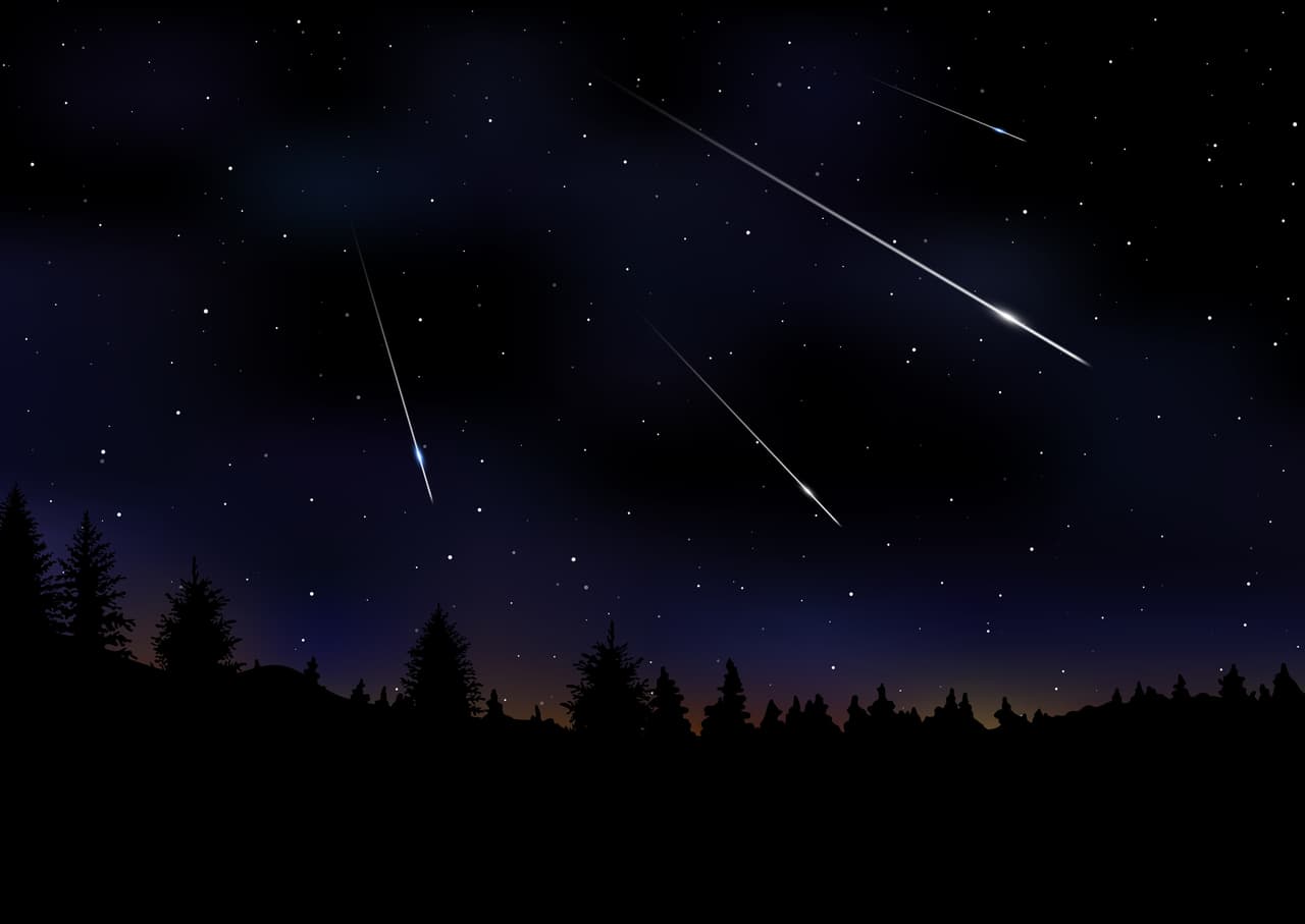 Vector illustration of Meteor Shower. Falling Perseids on dark night sky. Meteor rain, falling glowing comets on natural landscape at night. Sci-fi, scientific, astronomy background with copy space.