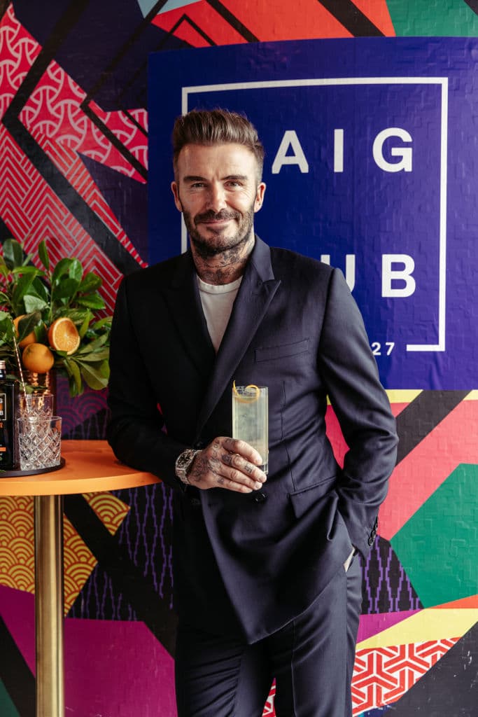 LONDON, ENGLAND - MAY 25: In this handout by Haig, David Beckham sips on the drink of the summer, Haig Club Mediterranean Orange, launching a series of Master Classes in the arts, fashion and mixology taking place across the capital this summer, at SUSHISAMBA on May 25, 2022 in London, England. (Photo by Haig via Getty Images)