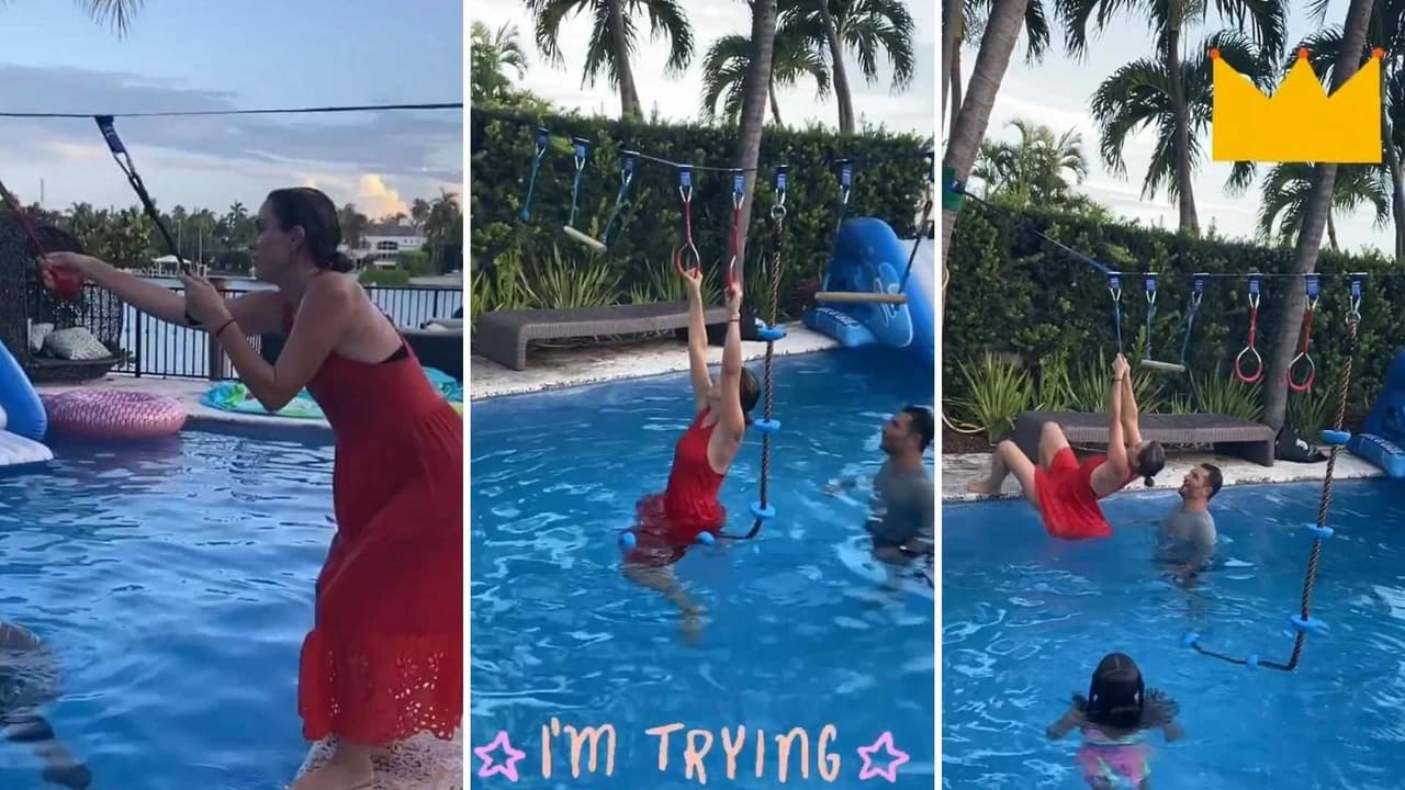 Jacky Bracamontes cumple el reto que le puso su esposo; cruzar la alberca con obstáculos