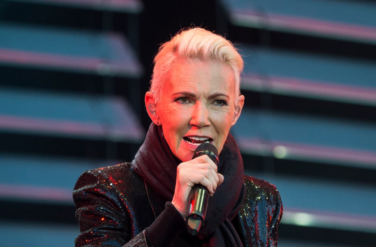 FILE - In this file photo dated July 18, 2015, Marie Fredriksson, singer of the pop duo Roxette. Fredriksson has died, aged 61 after a long illness, according to an announcement Tuesday Dec. 10, 2019. (Suvad Mrkonjic / TT via AP)
