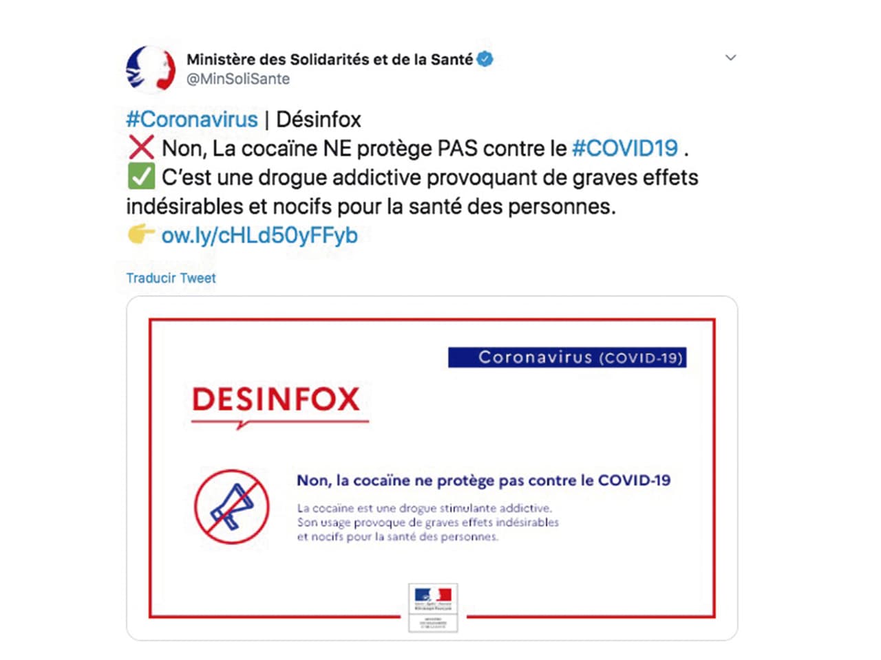 Pero quizá la creencia más descabellada es la que surgió en Francia, donde el gobierno tuvo que lanzar un comunicado para informarle a la gente "no, la cocaína NO protege del COVID-19. Es una droga adictiva que tiene efectos graves y nocivos en la salud de las personas".