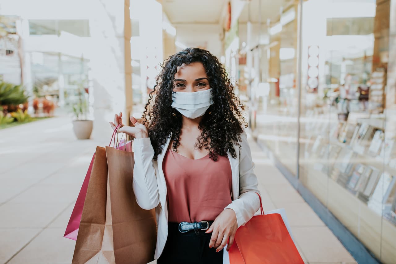 Woman walking shopping and Smiling behind the mask - new normal concept