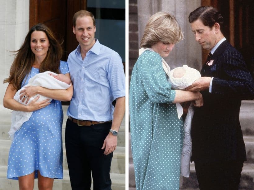 En el anuncio del nacimiento de dos de sus hijos, la duquesa se ha inspirado en los looks de su suegra. Primero con un vestido azul de lunares.