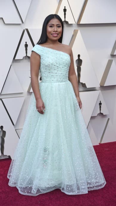 El vestido, de un solo hombro, drapeado y con apliques, que se abre en su cintura en un corte princesa, fue diseñado por la interesante casa californiana Rodarte, la cual suele crear vestidos con una fuerte influencia del arte y que se sale de las opciones obvias para una alfombra roja.