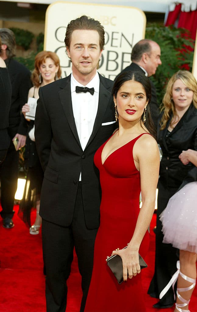 BEVERLY HILLS, CA - JANUARY 19: Actor Edward Norton and actress Salma Hayek attend the 60th Annual Golden Globe Awards at the Beverly Hilton Hotel on January 19, 2003 in Beverly Hills, California. (Photo by KW/Getty Images)