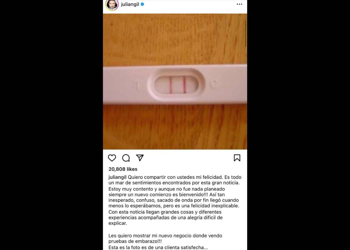 Julián Gil causa revuelo en las redes sociales por la foto que publicó de una prueba de embarazo positiva