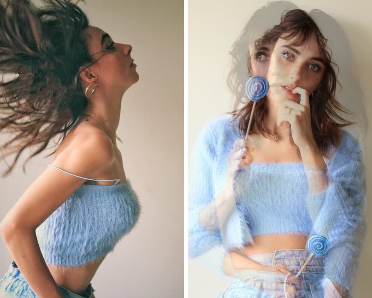 Otra idea de look casual e incluso coqueto para una cita de otoño, puede ser con ayuda de pequeños tops hechos de telas de borrego o tejidas.