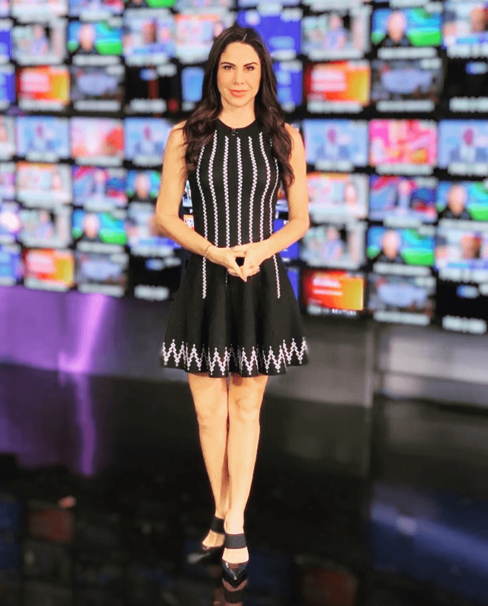 El clóset de la presentadora tiene que ser uno de los más envidiados, pues tiene una gran variedad vestidos de diferentes estilos, como este en corte evasé con el que marca su cadera y la hace ver muy elegante. Muy 
<i>ad hoc</i> para su trabajo en tele.
<br>