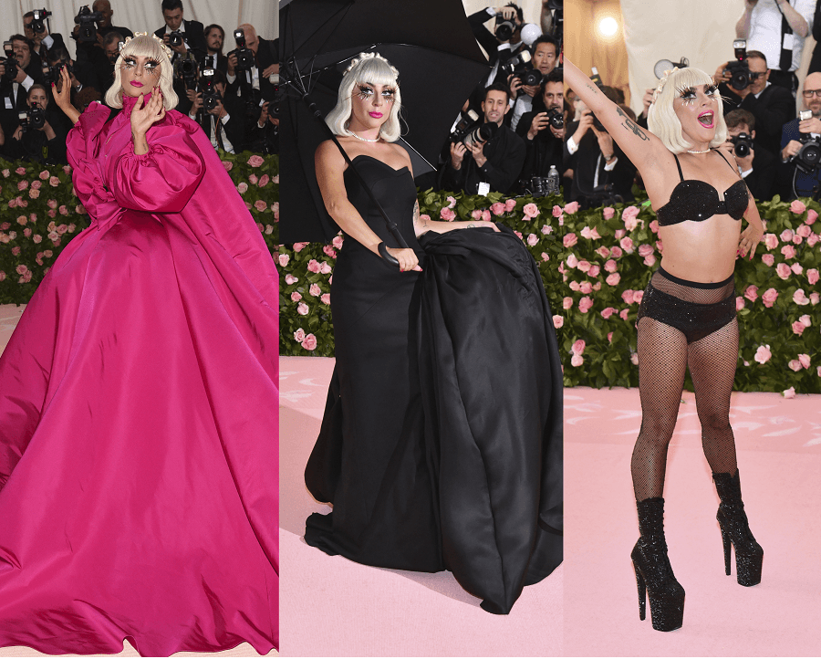 Lady Gaga portó un look de Brandon Maxwell que destacó por su llamativo diseño, con cauda larga, mangas abullonadas y moño a tono.Posteriormente se fue quitando las piezas, primero para revelar un vestido negro, luego uno rosa, y al final, un conjunto de lencería con medias de red.