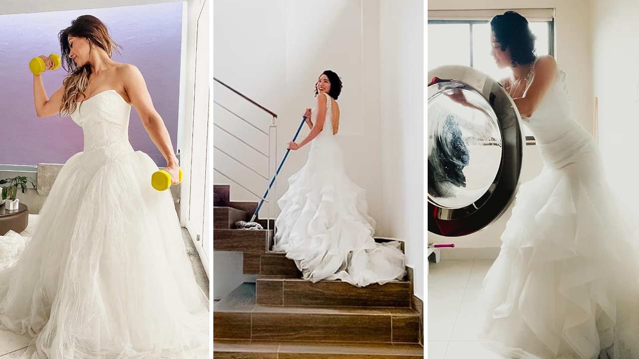 Estas mujeres están volviendo a usar sus vestidos de novia para tomarse fotos durante la cuarentena