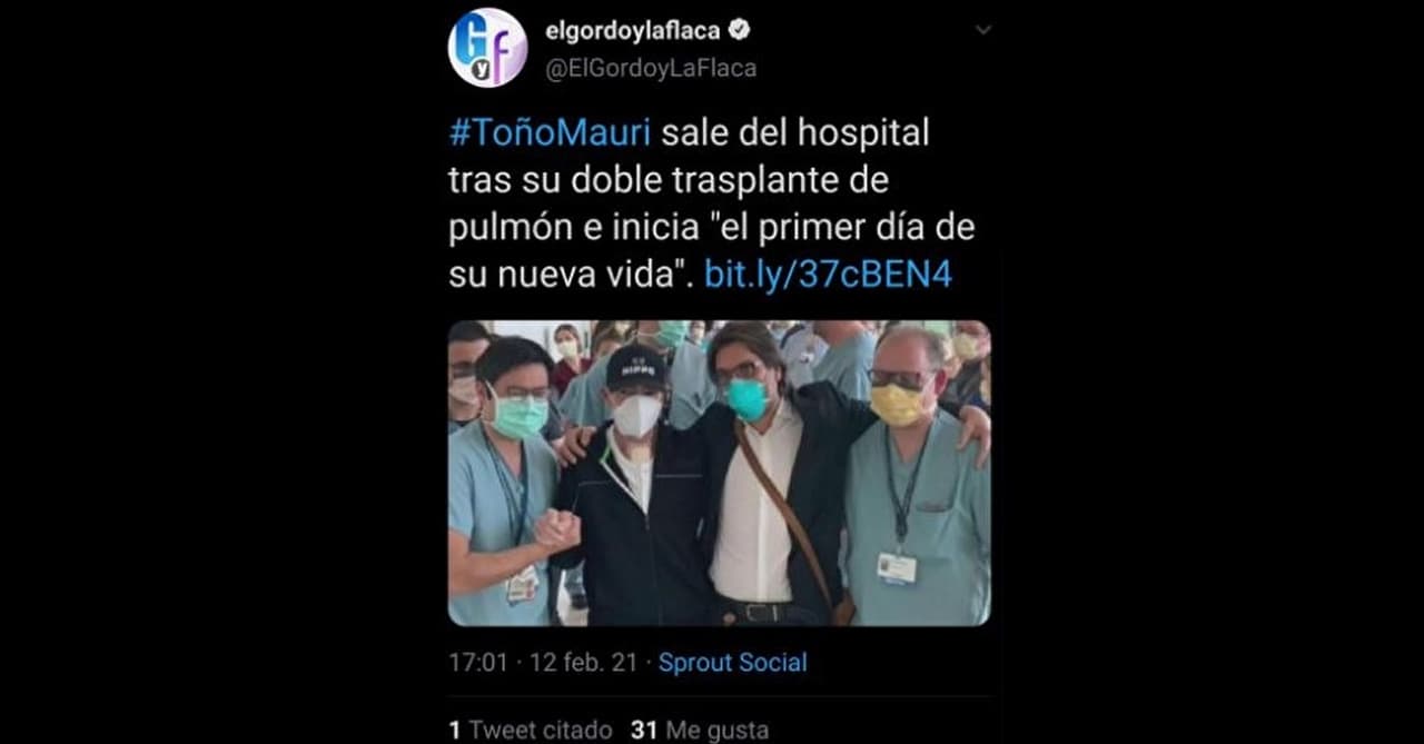 Tras ocho meses de lucha, el pasado 12 de febrero, Toño Mauri por fin fue dado de alta, para así continuar su recuperación en casa. El portal de El Gordo y La Flaca compartió una imagen de su salida del hospital University of Florida Health Shands.