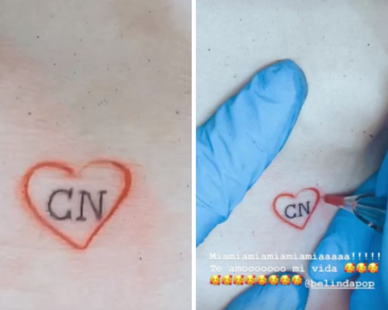 La primera en documentar con tinta sobre su piel el noviazgo que ahora mantiene con el artista del regional mexicano fue Beinda. La artista se escribió "CN" de Christian Nodal dentro de un corazón rojo, simbolizando el hecho de haber encontrado "el amor de su vida". El compositor de 21 años presumió con orgullo el tatuaje.
